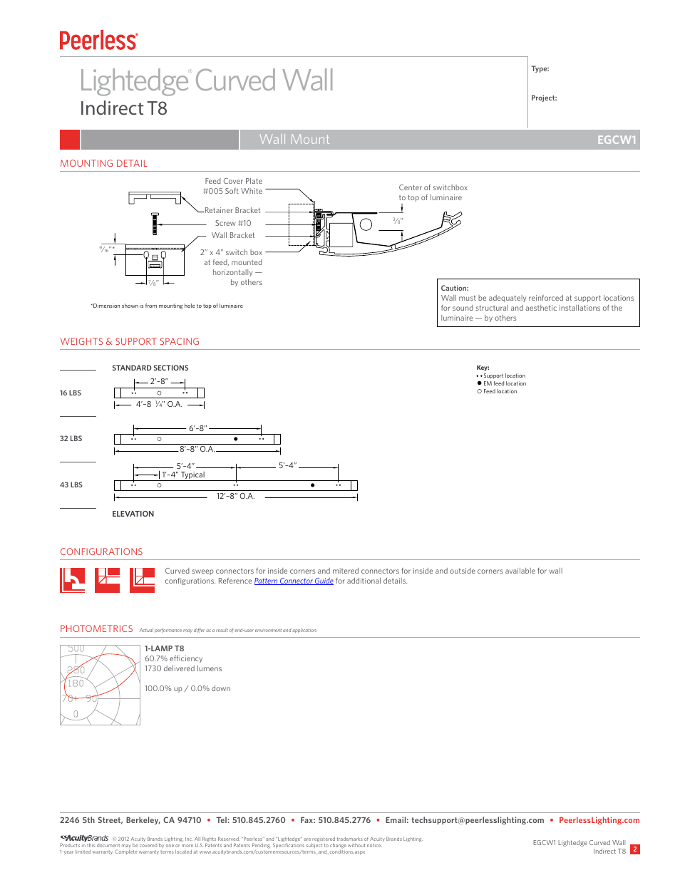 Lightedge curved wall, Indirect t8, Wall mount | Egcw1 | Peerless Lighting EGCW1 - T8 User Manual | Page 2 / 2