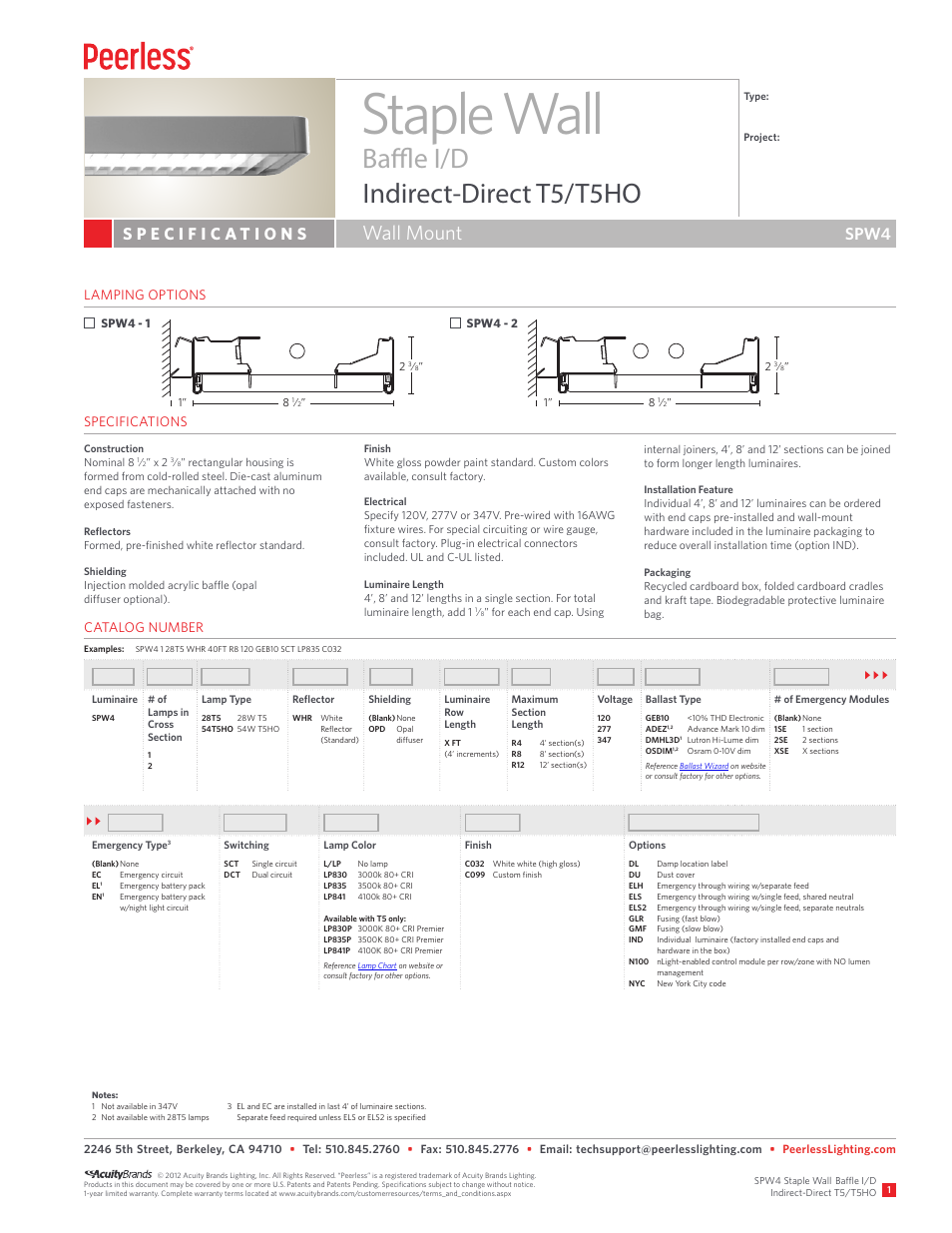 Peerless Lighting SPW4 - T5_T5HO User Manual | 2 pages