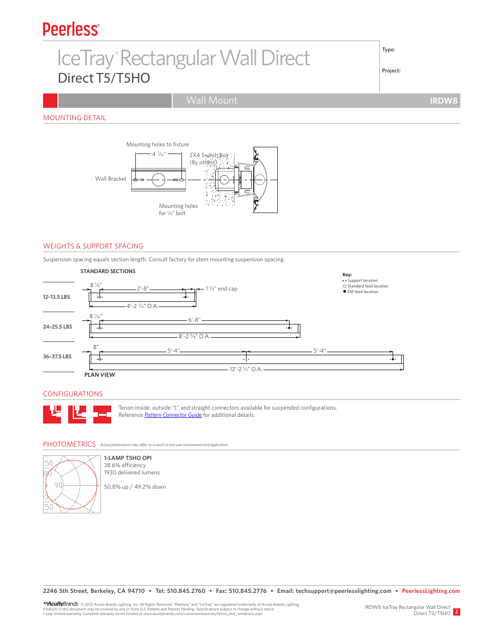 Icetray rectangular wall direct, Direct t5/t5ho, Wall mount | Irdw8 | Peerless Lighting IRDW8 - T5_T5HO User Manual | Page 2 / 2