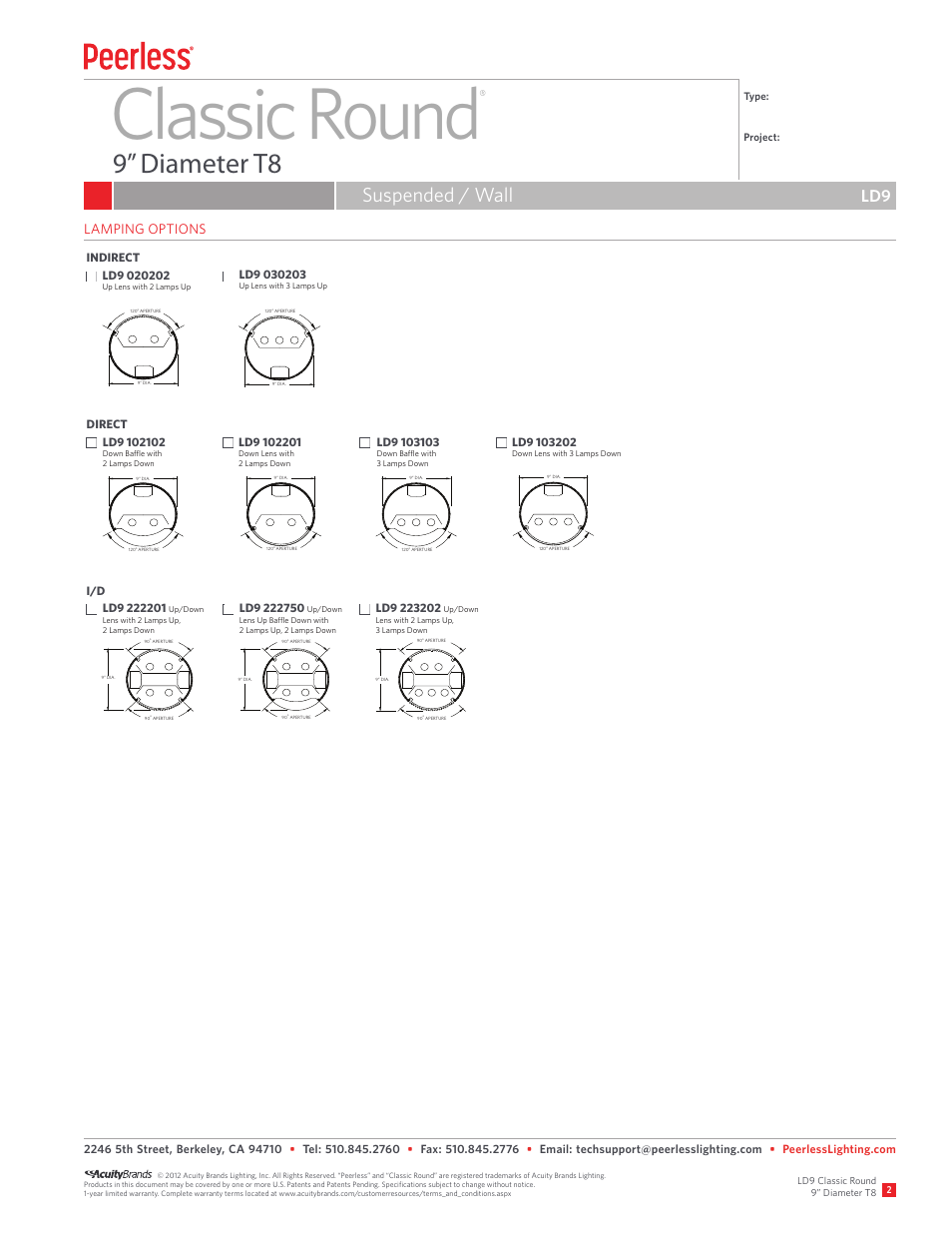 Classic round, 9” diameter t8, Suspended / wall | Lamping options | Peerless Lighting LD9 (Dir) - T8 User Manual | Page 2 / 3