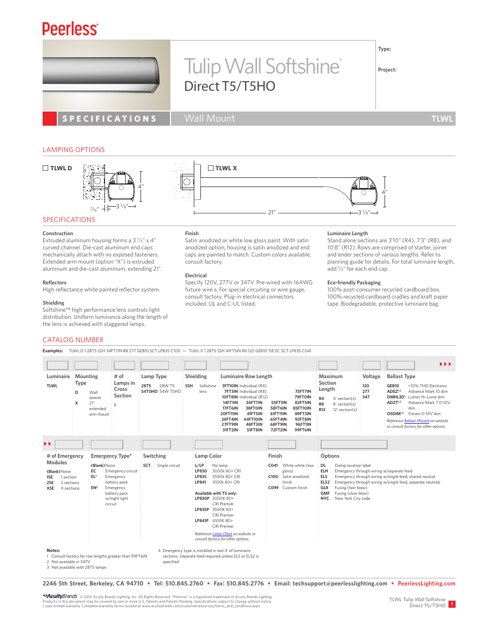 Peerless Lighting TLWL - T5_T5HO User Manual | 2 pages