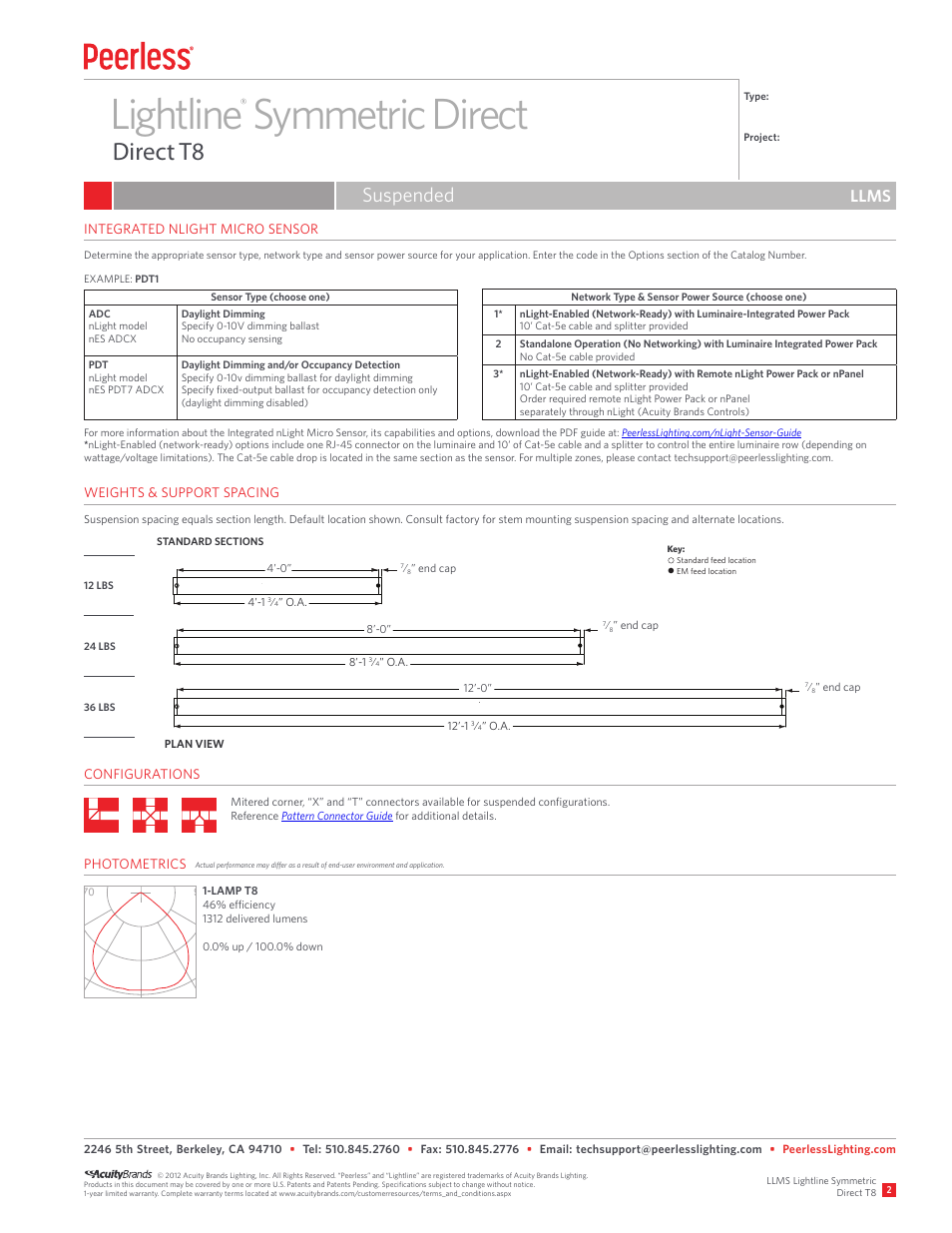 Lightline symmetric direct, Direct t8, Suspended | Llms | Peerless Lighting LLMS (Sus) - T8 User Manual | Page 2 / 2