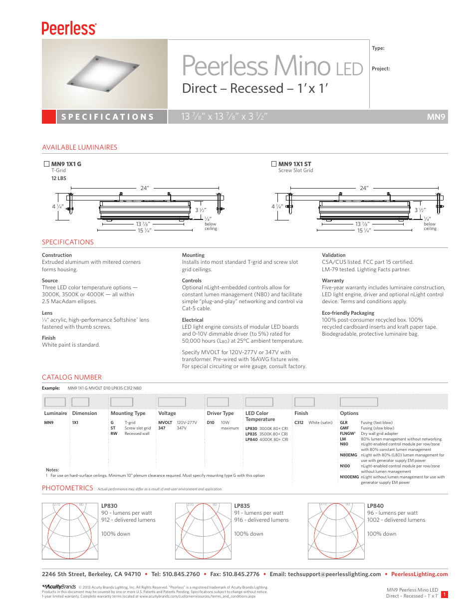 Peerless Lighting MN91x1 Rec - LED User Manual | 2 pages