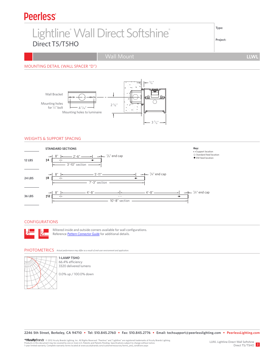 Lightline wall direct softshine, Direct t5/t5ho, Wall mount | Llwl, End cap, Bolt | Peerless Lighting LLWL - T5_T5HO User Manual | Page 2 / 2