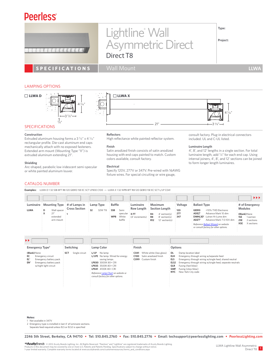 Peerless Lighting LLWA - T8 User Manual | 2 pages