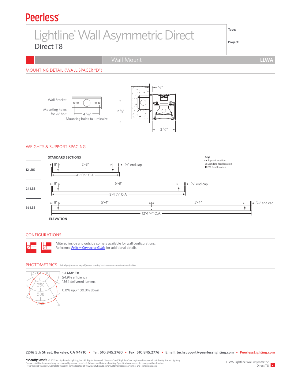 Lightline wall asymmetric direct, Direct t8, Wall mount | Llwa | Peerless Lighting LLWA - T8 User Manual | Page 2 / 2