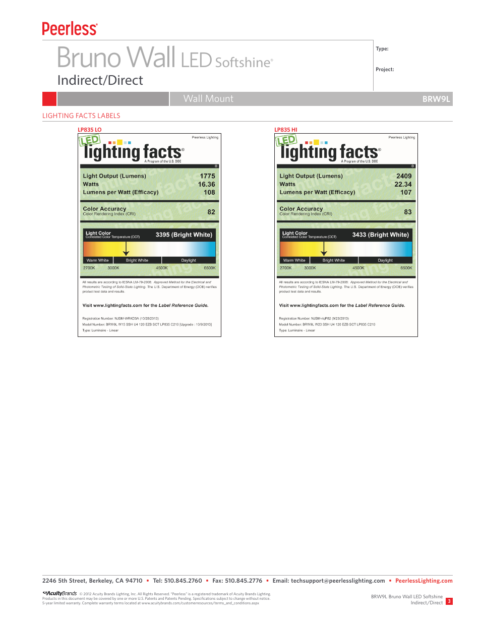 Bruno wall, Softshine indirect/direct, Wall mount | Peerless Lighting BRW9L - LED User Manual | Page 3 / 3