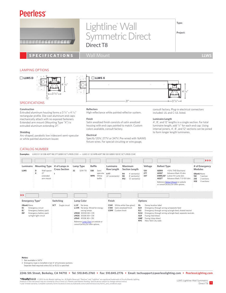 Peerless Lighting LLWS - T8 User Manual | 2 pages
