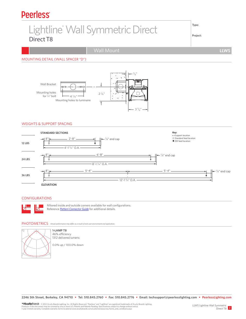 Lightline wall symmetric direct, Direct t8, Wall mount | Llws | Peerless Lighting LLWS - T8 User Manual | Page 2 / 2