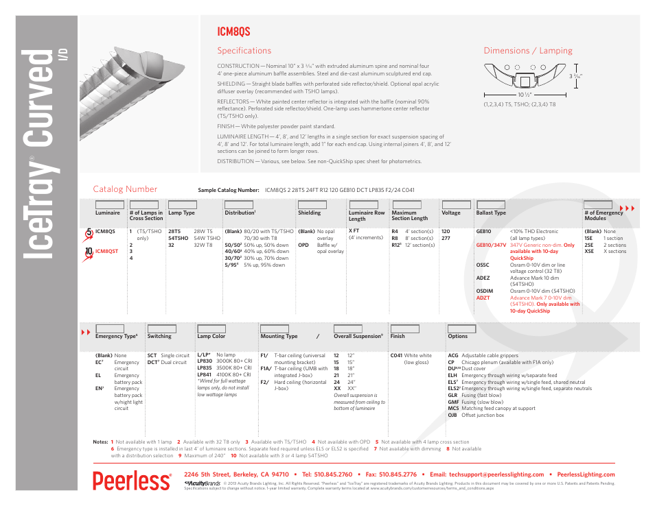 Ice tr ay, Curved, Icm8qs | Catalog number, Dimensions / lamping, Specifications | Peerless Lighting ICM8 - QS User Manual | Page 2 / 2