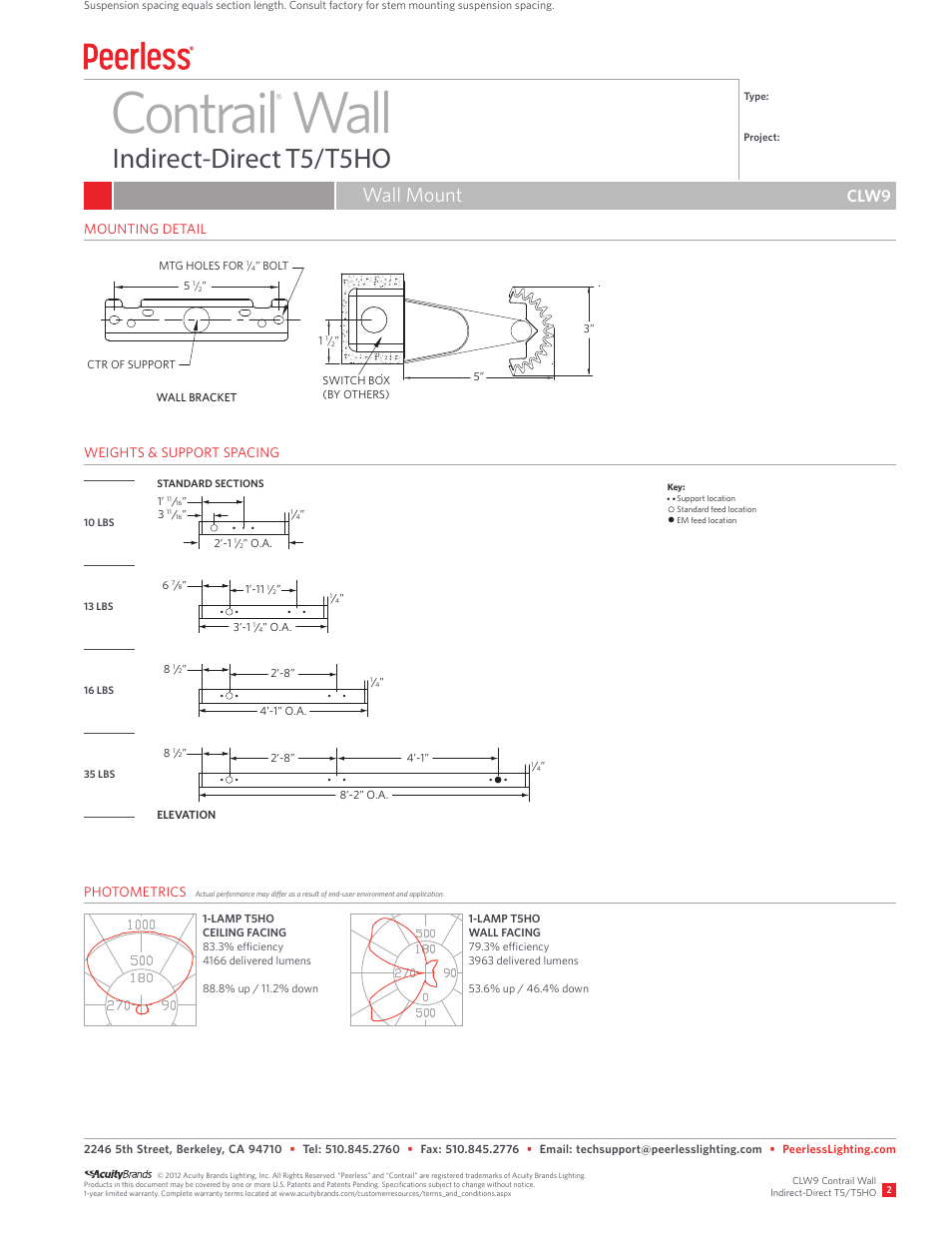Contrail wall, Indirect-direct t5/t5ho, Wall mount | Clw9 | Peerless Lighting CLW9 - T5_T5HO User Manual | Page 2 / 2