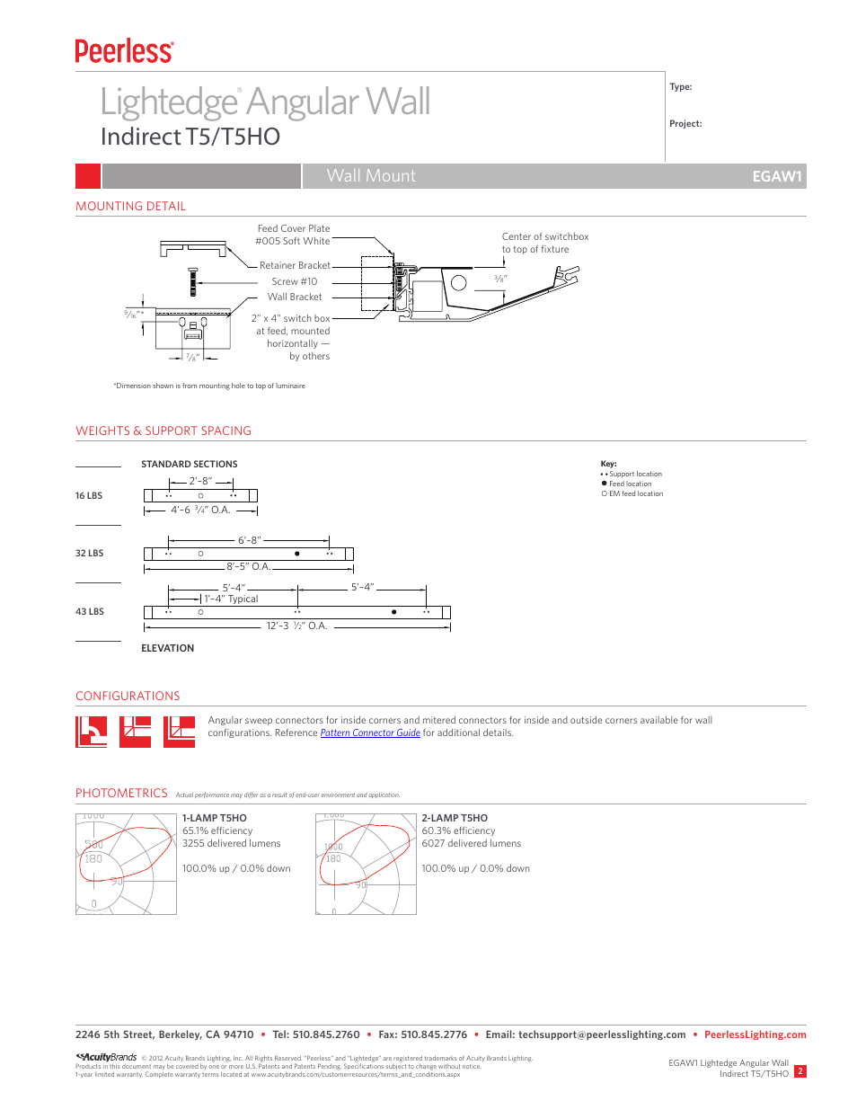 Lightedge angular wall, Indirect t5/t5ho, Wall mount | Egaw1 | Peerless Lighting EGAW1 - T5_T5HO User Manual | Page 2 / 2