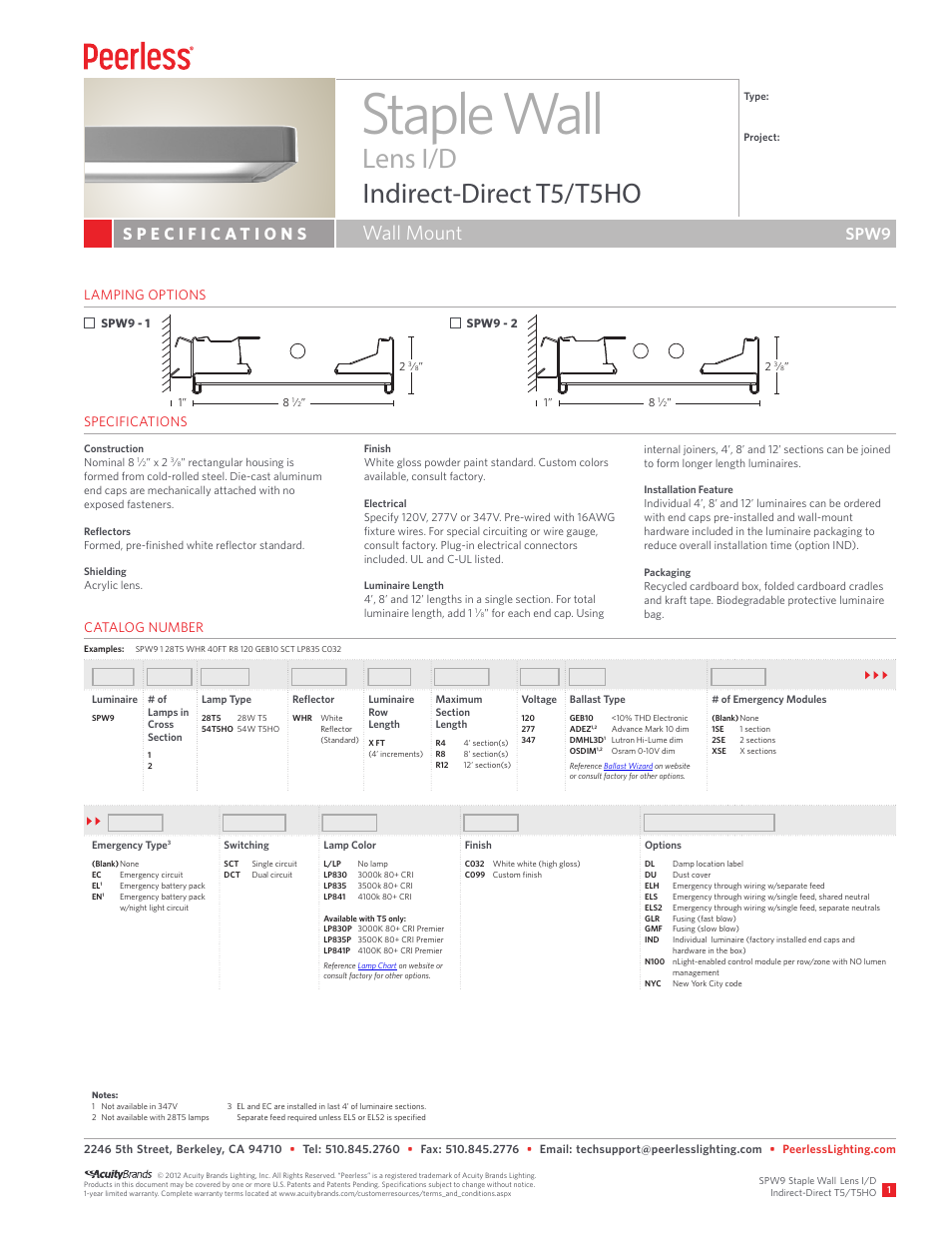 Peerless Lighting SPW9 - T5_T5HO User Manual | 2 pages