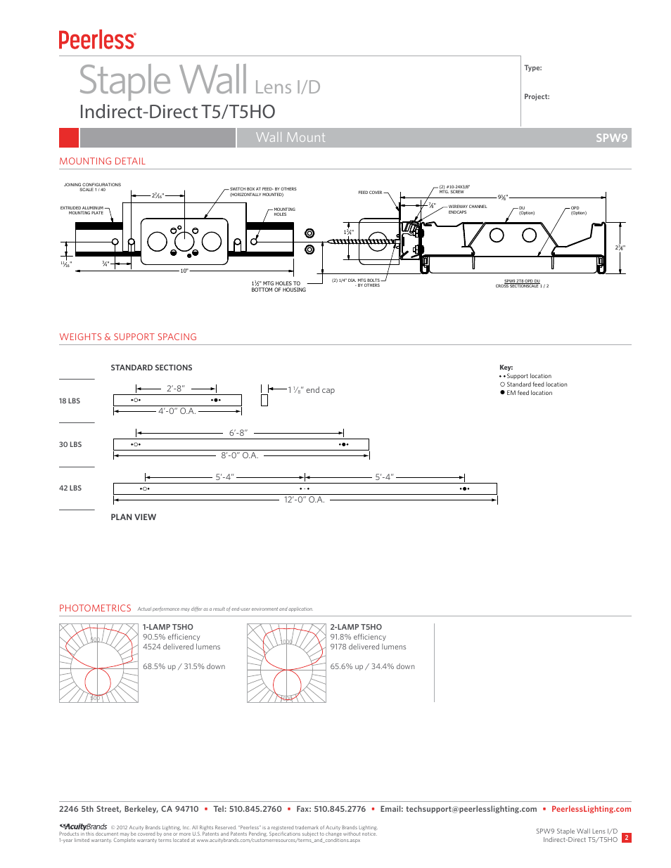 Staple wall, Lens i/d indirect-direct t5/t5ho, Wall mount | Spw9 | Peerless Lighting SPW9 - T5_T5HO User Manual | Page 2 / 2