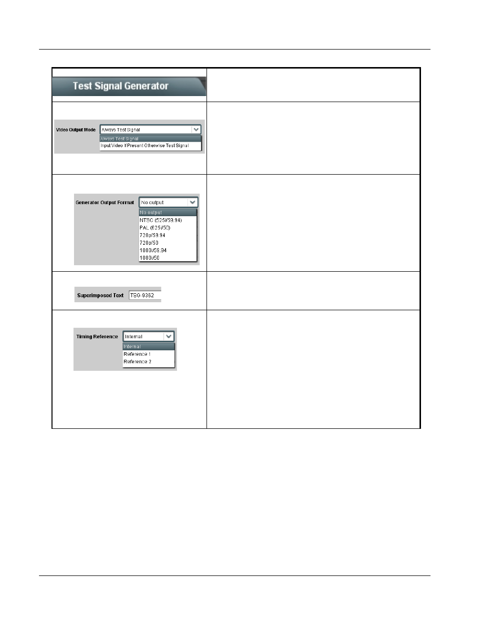 Test signal generator, Test signal generator -12, 9362 function submenu list and descriptions | Cobalt Digital COMPASS 9362 HD_SD-SDI Test Signal Generator User Manual | Page 38 / 54