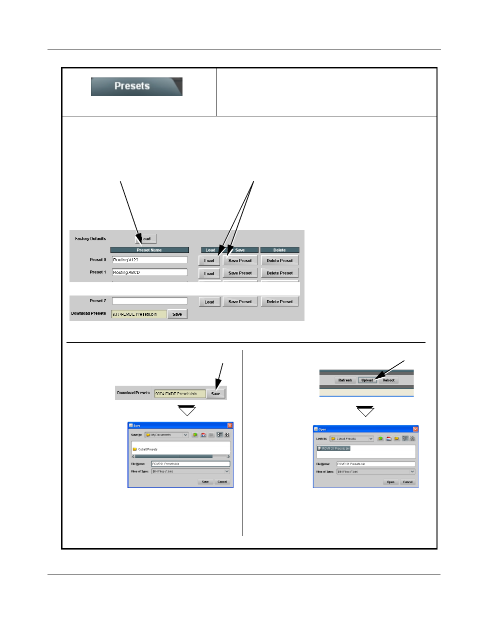 Presets, Presets -29, Operating instructions | 9374-series function submenu list and descriptions | Cobalt Digital COMPASS 9374-EMDE Quad-Stream SDI – AES – MADI Embedder_De-embedder User Manual | Page 61 / 70