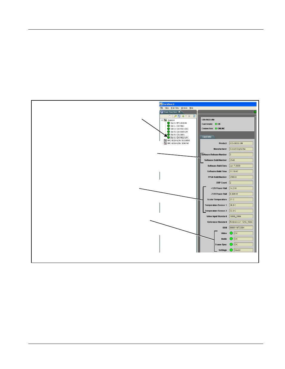 Checking 9822 card information, Checking 9822 card information -7, Checking 9822 card information (p. 3-7) | Operating instructions | Cobalt Digital COMPASS 9822 Downconverter User Manual | Page 39 / 86