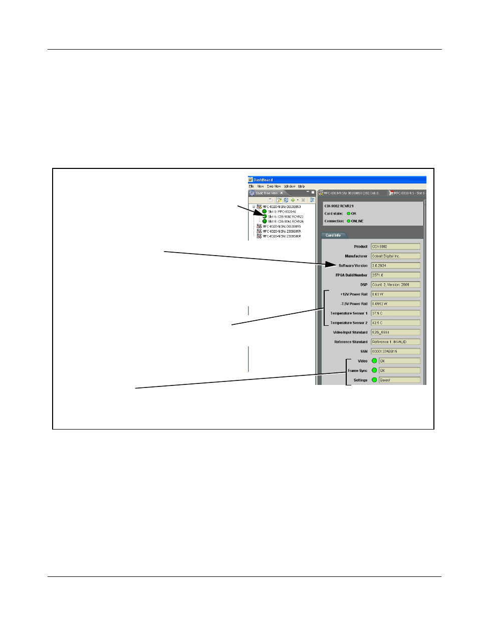 Checking 9082 card information, Checking 9082 card information -7, Checking 9082 card information (p. 3-7) | Operating instructions | Cobalt Digital COMPASS 9082 HD_SD Frame Sync User Manual | Page 33 / 56