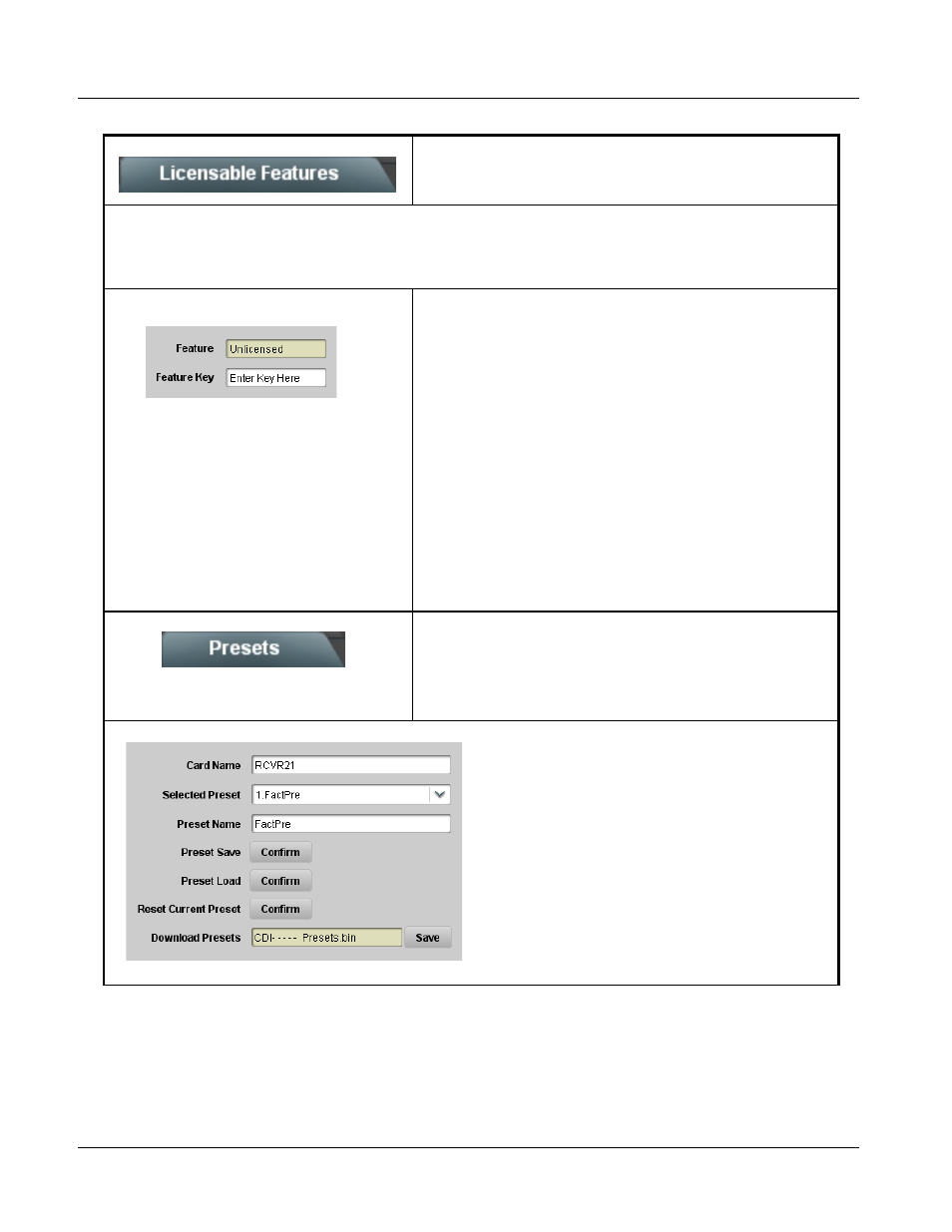 Licensable features, Presets, Licensable features -30 presets -30 | 9086 function submenu list and descriptions | Cobalt Digital COMPASS 9086 Embedded Audio Loudness Processor User Manual | Page 58 / 78