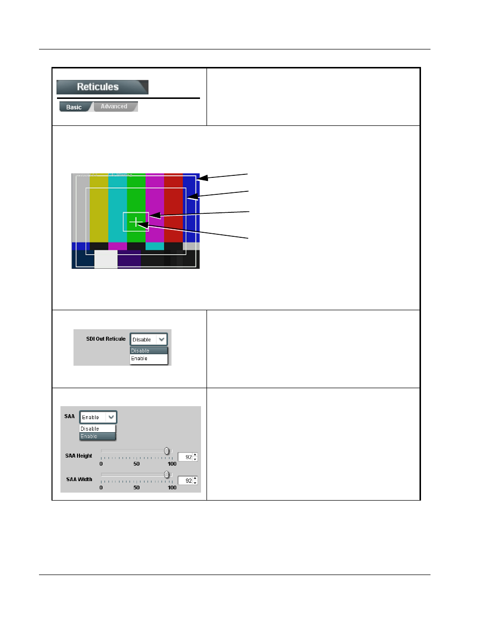 Reticules, Reticules -20, 9502-dcda function submenu list and descriptions | Cobalt Digital OBSIDIAN 3G 9502-DCDA-3G Downconverter User Manual | Page 46 / 62