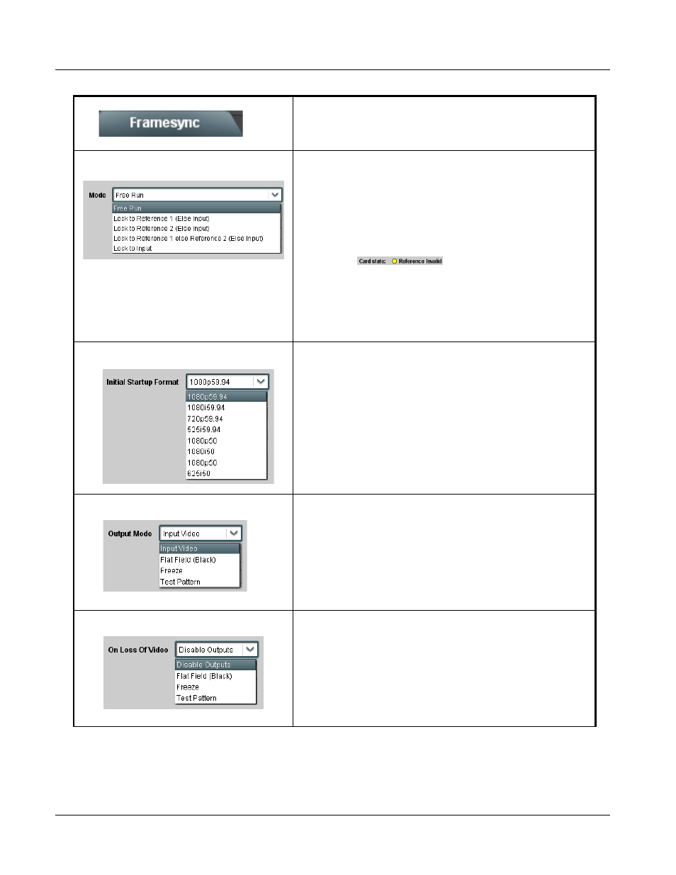 Framesync, Framesync -20, 9985 function submenu list and descriptions | Cobalt Digital FUSION 3G 9985 3G_HD_SD Loudness Processor User Manual | Page 72 / 136