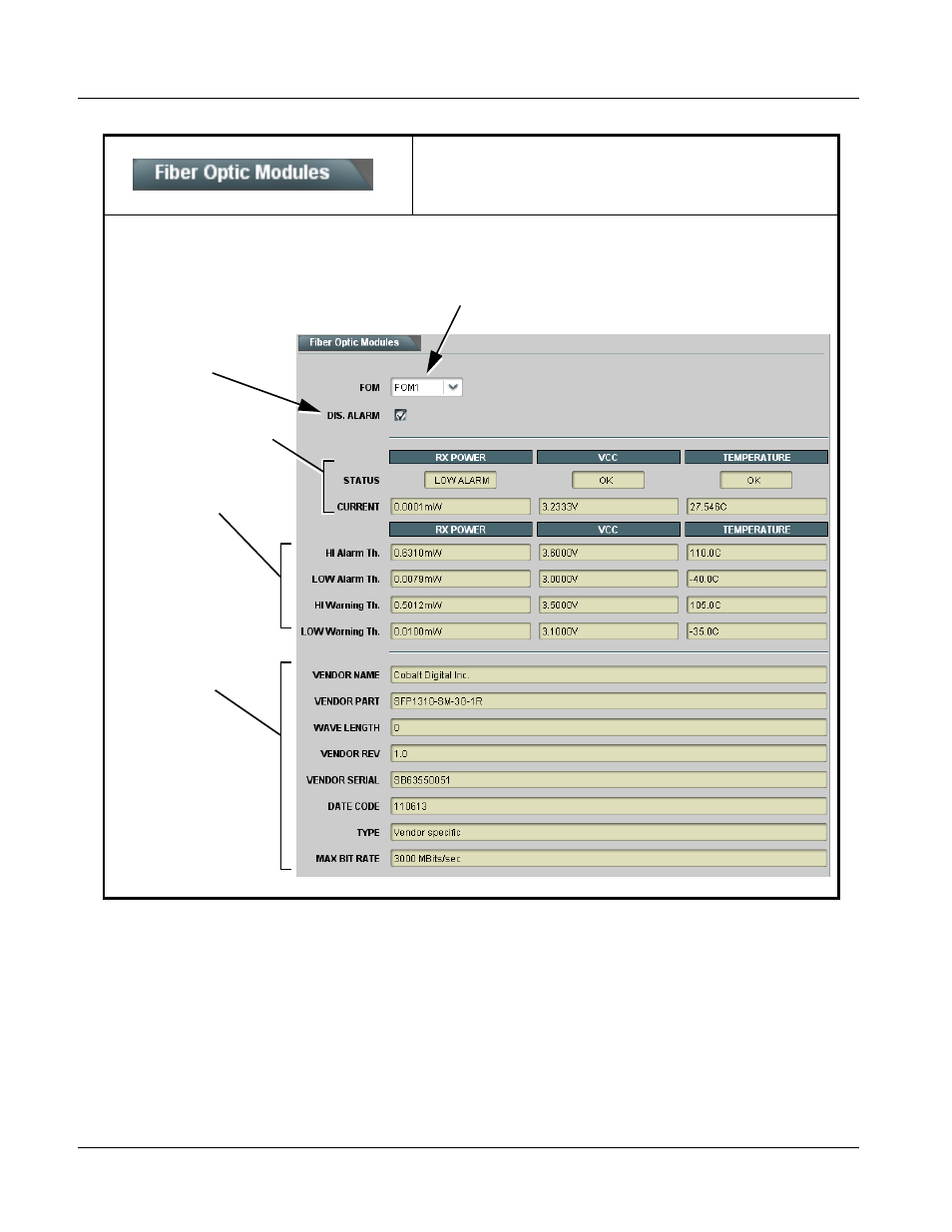 Fiber optic modules info/status tab (9411-9414 rx), Card-edge control, Card-edge control -10 | Card-edge control (p. 3-10), To card-edge control (p. 3-10) | Cobalt Digital COMPASS 9414 4 In _ 4 Out Fiber-to-BNC Receiver _ Crosspoint Card User Manual | Page 36 / 40