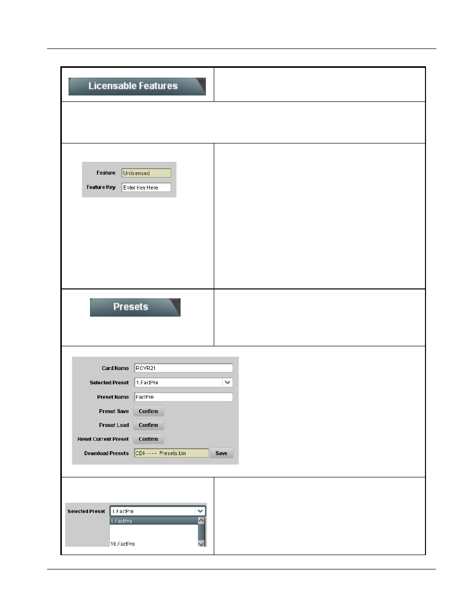 Licensable features, Presets, Licensable features -29 presets -29 | Operating instructions, 9068 function submenu list and descriptions | Cobalt Digital COMPASS 9068 Upconverter User Manual | Page 57 / 68
