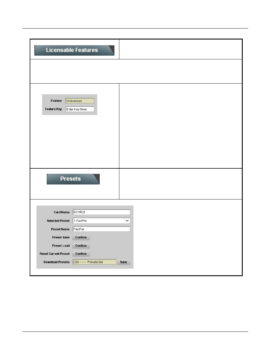 Licensable features, Presets, Licensable features -44 presets -44 | 9035 function submenu list and descriptions | Cobalt Digital COMPASS 9035 Analog and SDI Input to SDI Output Converter User Manual | Page 88 / 106