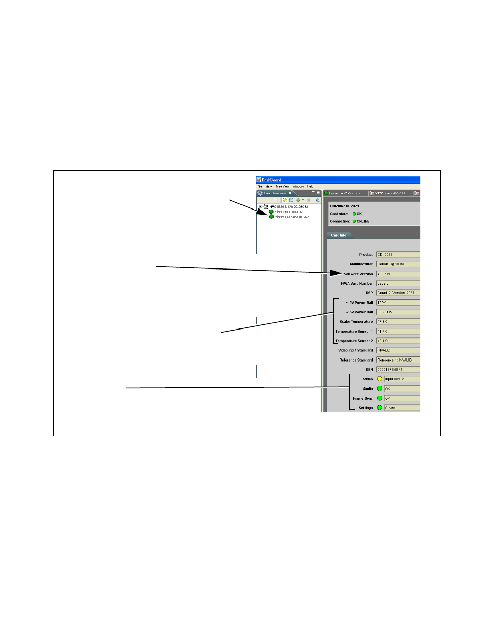 Checking 9067 card information, Checking 9067 card information -7, Checking 9067 card information (p. 3-7) | Operating instructions | Cobalt Digital COMPASS 9067 Upconverter User Manual | Page 39 / 90