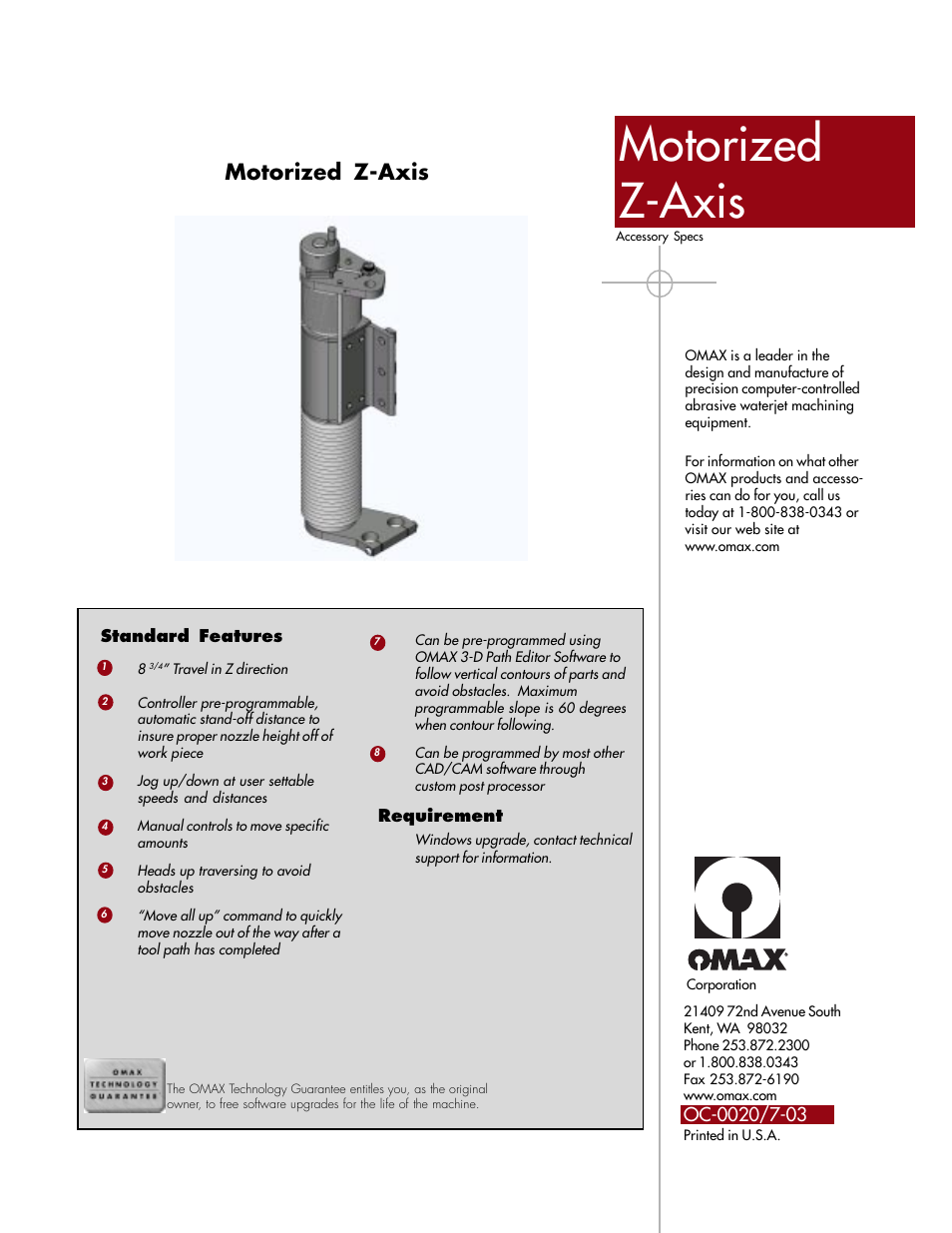 OMAX Motorized Z-Axis User Manual | 1 page