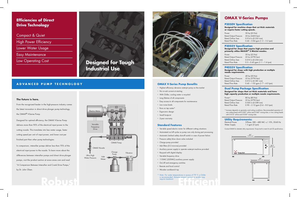 Efﬁ cient, Robust, Designed for tough industrial use | Omax v-series pumps, P3050v speciﬁ cation, P3055v speciﬁ cation, P4055v speciﬁ cation, Dual pump package speciﬁ cation, Utility requirements, Omax v-series pump beneﬁ ts | OMAX DIRECT DRIVE PUMPS User Manual | Page 2 / 2