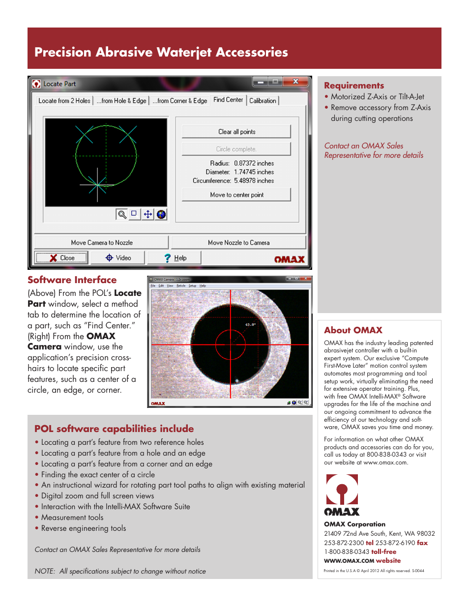 Precision abrasive waterjet accessories, Software interface, Pol software capabilities include | OMAX Precision Optical Locator User Manual | Page 2 / 2