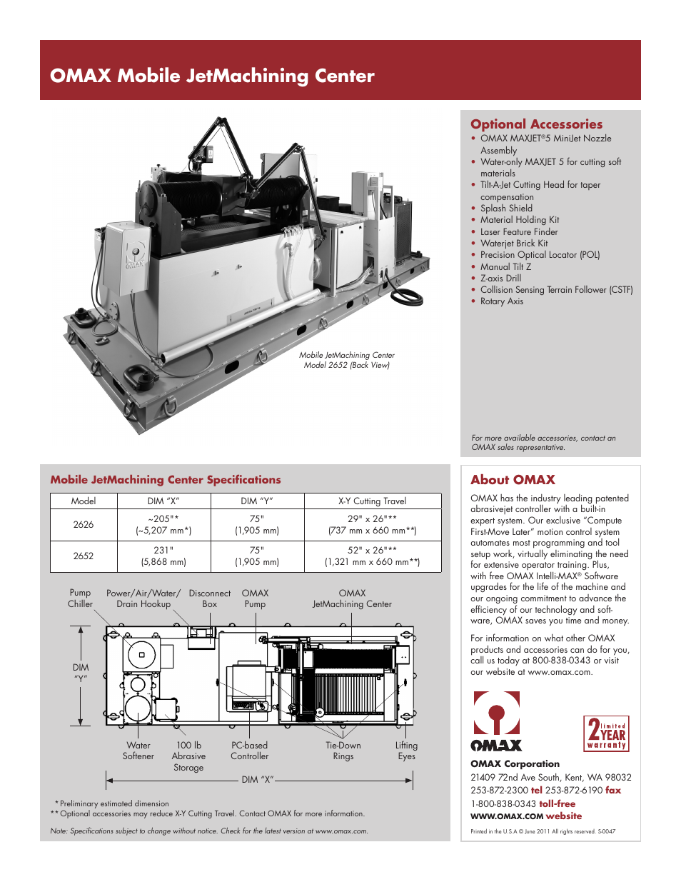 Omax mobile jetmachining center, Optional accessories, About omax | OMAX Mobile JetMachining Center User Manual | Page 2 / 2