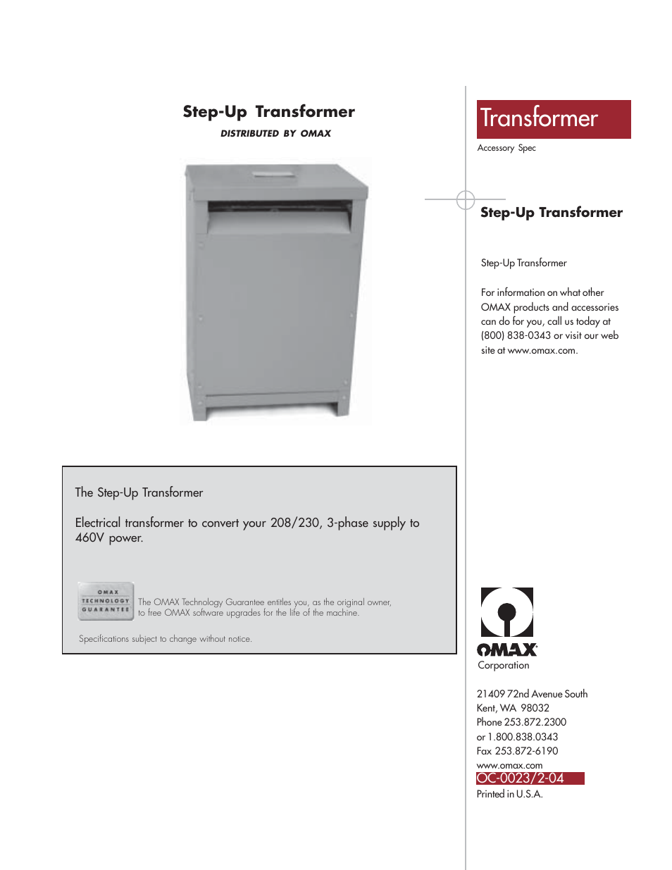 OMAX Step-Up Transformer User Manual | 1 page