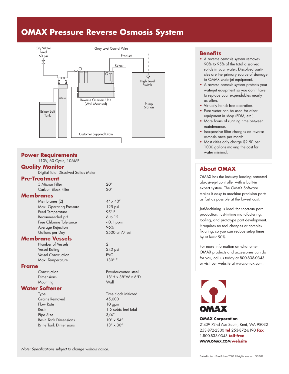 Omax pressure reverse osmosis system, About omax, Power requirements | Quality monitor, Pre-treatment, Membranes, Membrane vessels, Frame, Water softener, Benefits | OMAX Reverse Osmosis System User Manual | Page 2 / 2