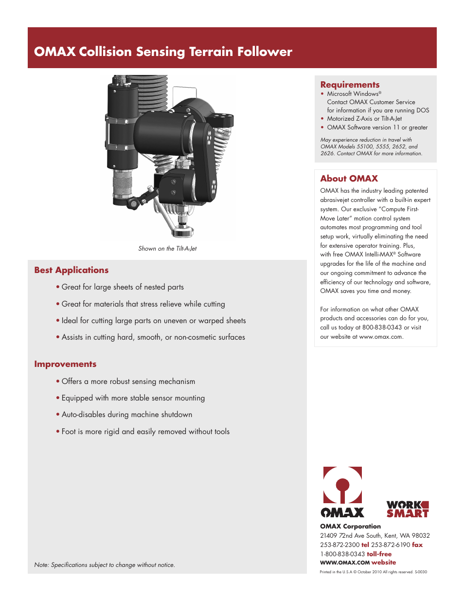 Omax collision sensing terrain follower, Best applications, Improvements | About omax, Requirements | OMAX Collision Sensing Terrain Follower User Manual | Page 2 / 2