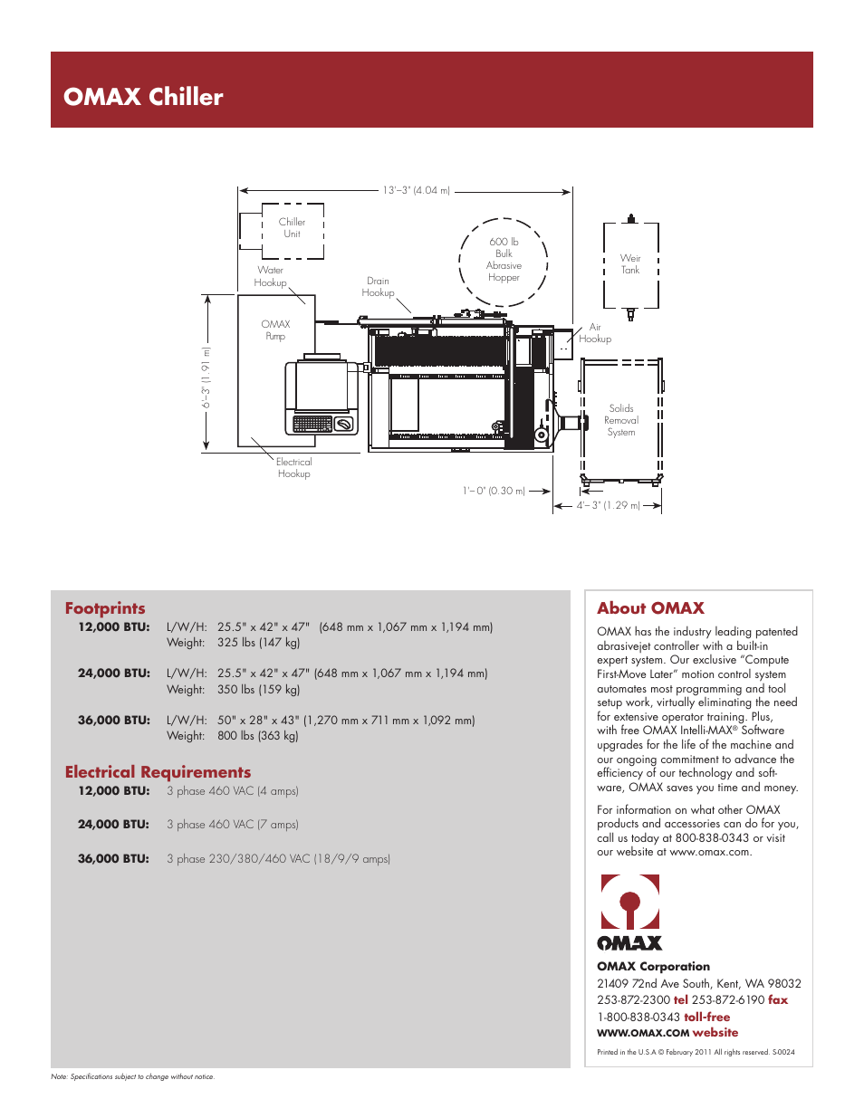 Omax chiller, About omax, Footprints | Electrical requirements | OMAX Chiller Systems User Manual | Page 2 / 2