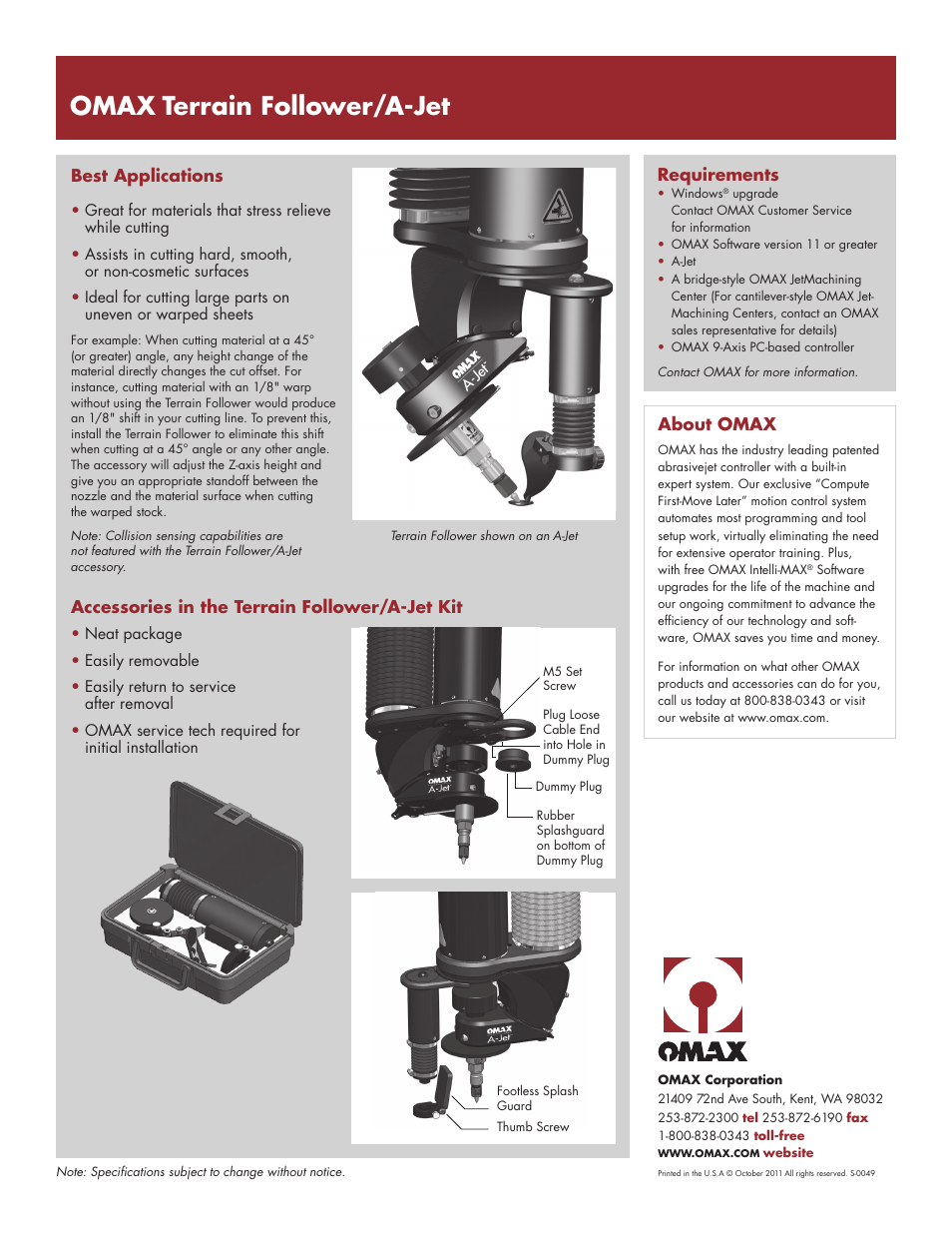 Omax terrain follower/a-jet, Best applications, About omax requirements | Accessories in the terrain follower/a-jet kit | OMAX Terrain Follower_A-Jet User Manual | Page 2 / 2