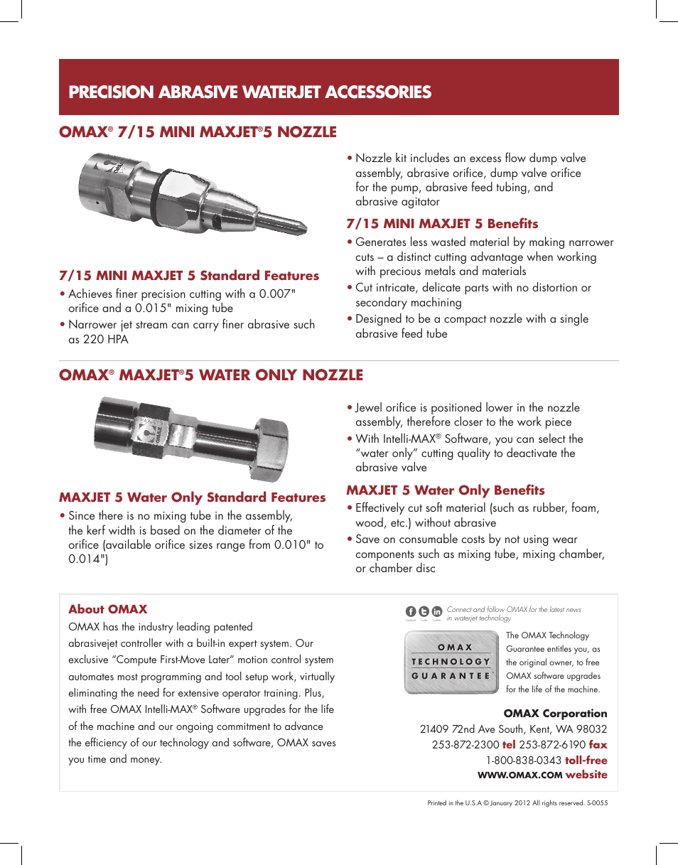 Precision abrasive waterjet accessories, Omax, 7/15 mini maxjet | 5 nozzle, Maxjet, 5 water only nozzle | OMAX 7_15 MINI MAXJET 5 NOZZLE User Manual | Page 2 / 2