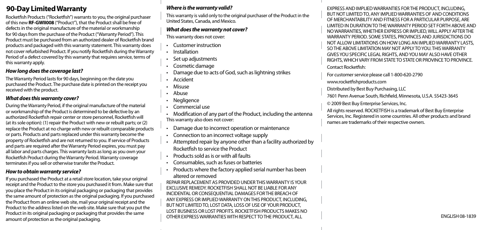 Day limited warranty | RocketFish RF-GWII008 - Quick Setup Guide User Manual | Page 2 / 2