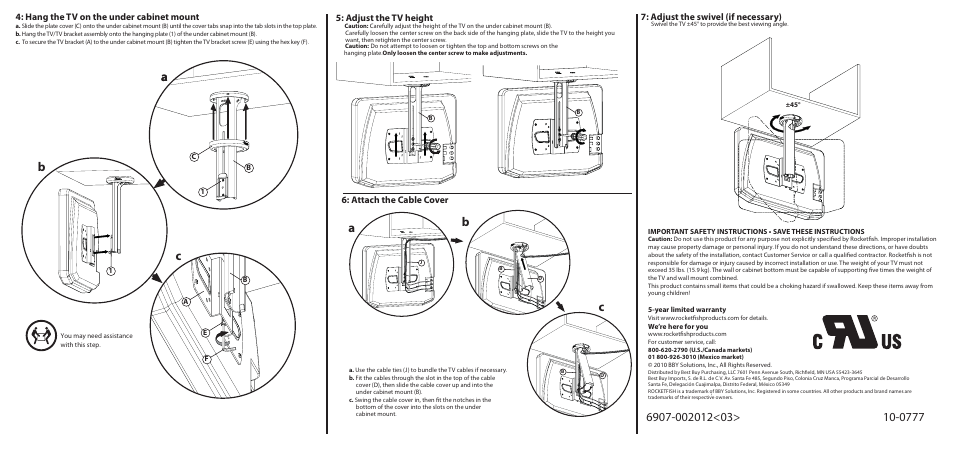 Hang the tv on the under cabinet mount, Adjust the swivel (if necessary), Attach the cable cover | Adjust the tv height | RocketFish RF-TVMUC01 - Quick Setup Guide User Manual | Page 2 / 2