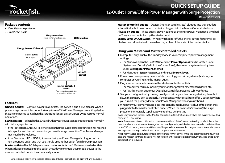 RocketFish RF-PCS12ES13 - Quick Setup Guide User Manual | 2 pages