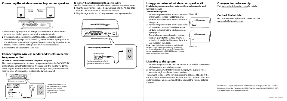 Using your universal wireless rear speaker kit, Listening to the system, One-year limited warranty | Contact rocketfish | RocketFish RF-WHTIB - Quick Setup Guide User Manual | Page 2 / 2