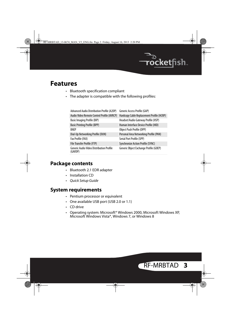 Features, Package contents, System requirements | 3rf-mrbtad features | RocketFish RF-MRBTAD - User Manual User Manual | Page 3 / 37