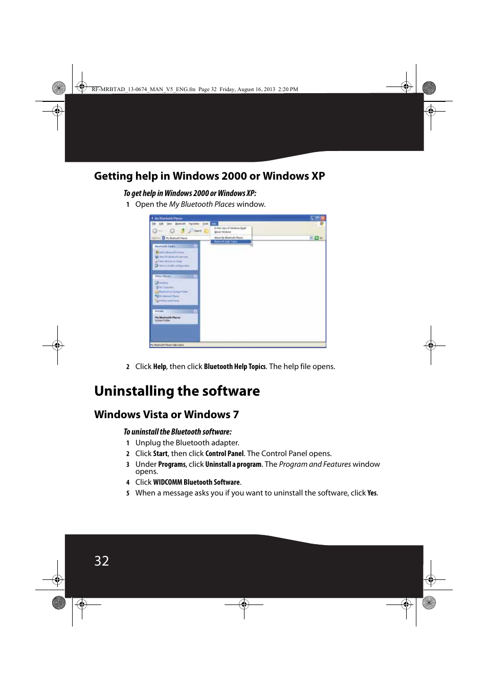 Getting help in windows 2000 or windows xp, Uninstalling the software, Windows vista or windows 7 | RocketFish RF-MRBTAD - User Manual User Manual | Page 32 / 37