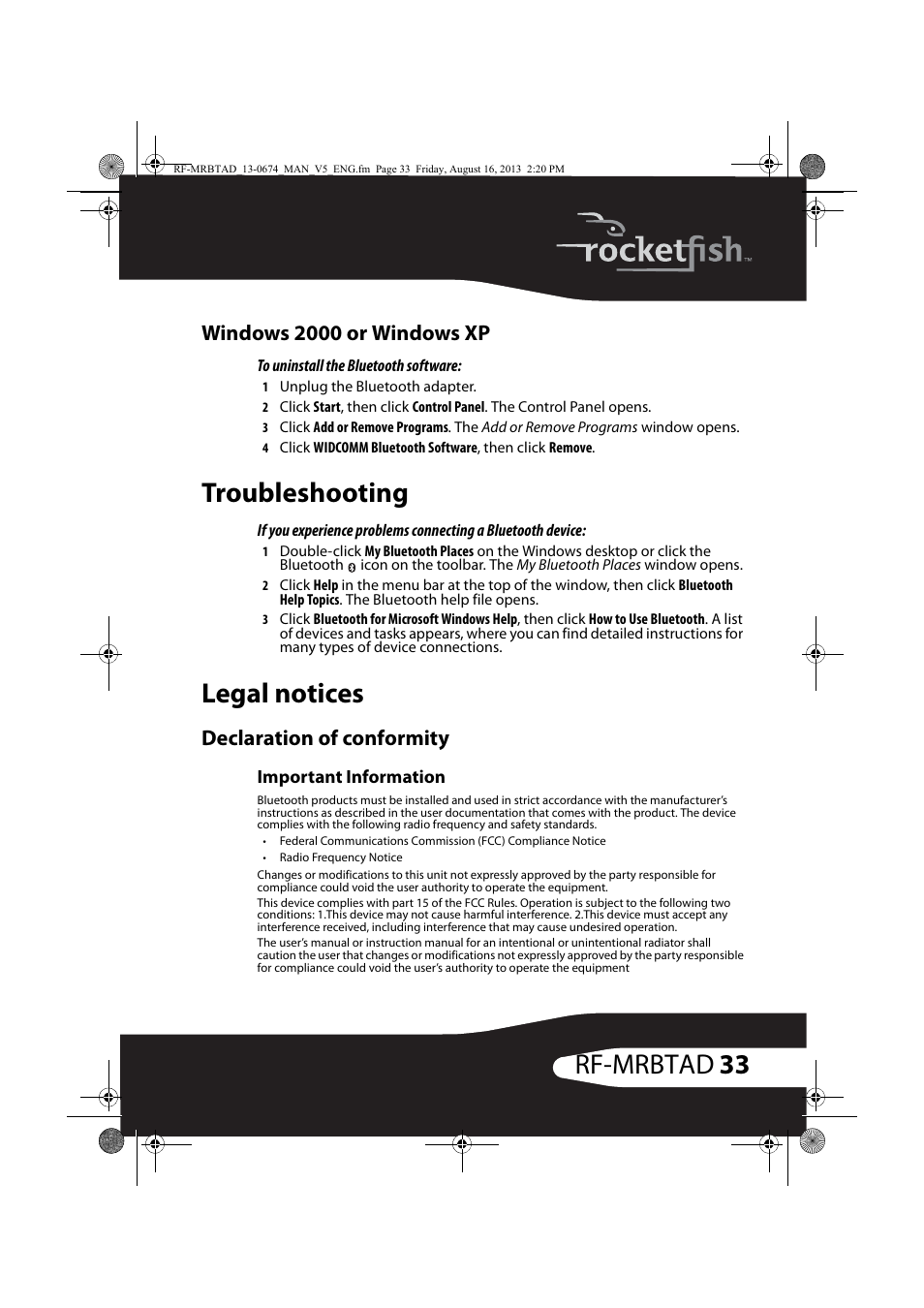 Windows 2000 or windows xp, Troubleshooting, Legal notices | Declaration of conformity, Troubleshooting legal notices, 33 rf-mrbtad | RocketFish RF-MRBTAD - User Manual User Manual | Page 33 / 37