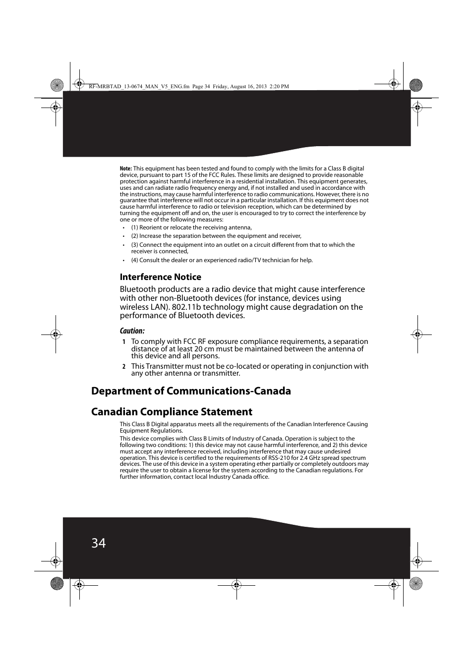 Department of communications-canada, Canadian compliance statement, Interference notice | RocketFish RF-MRBTAD - User Manual User Manual | Page 34 / 37