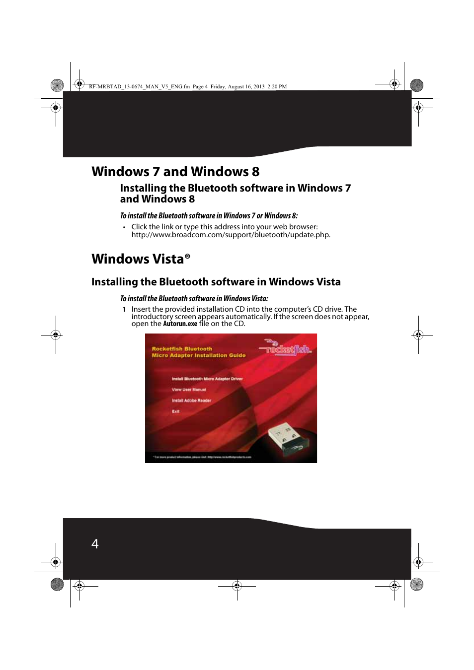 Windows 7 and windows 8, Windows vista, Installing the bluetooth software in windows vista | Windows 7 and windows 8 windows vista, 4windows 7 and windows 8 | RocketFish RF-MRBTAD - User Manual User Manual | Page 4 / 37