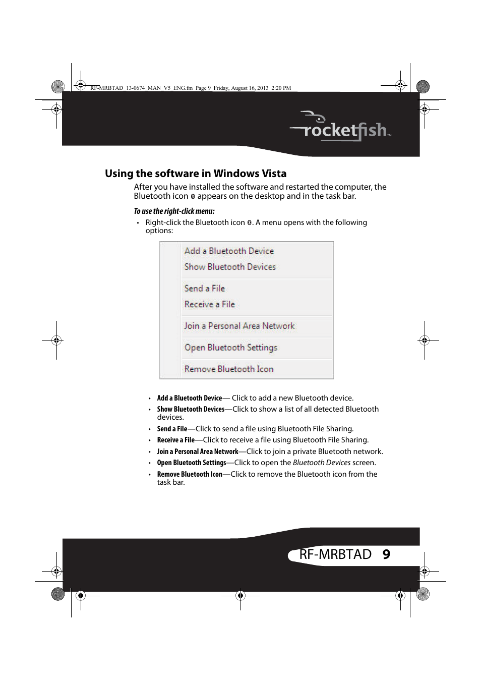 Using the software in windows vista, 9rf-mrbtad | RocketFish RF-MRBTAD - User Manual User Manual | Page 9 / 37