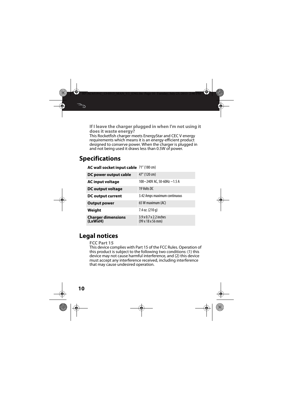 Specifications, Legal notices, Fcc part 15 | Specifications legal notices | RocketFish RF-AC6519 - User Manual User Manual | Page 10 / 15